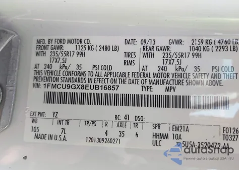 2014 Ford Escape Se из США, поврежденный, VIN 1FMCU9GX8EUB16857